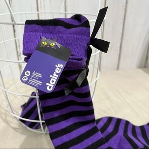 NWT Claire’s Long Purple & Black Funky Striped Socks Bow Accents